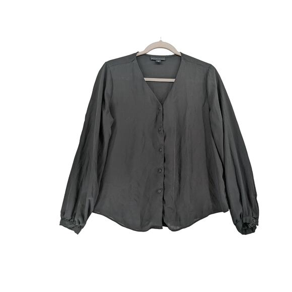 Attention Button Up Blouse M Black Balloon Sleeve VNeck Relaxed Fit Workwear - Picture 10 of 10